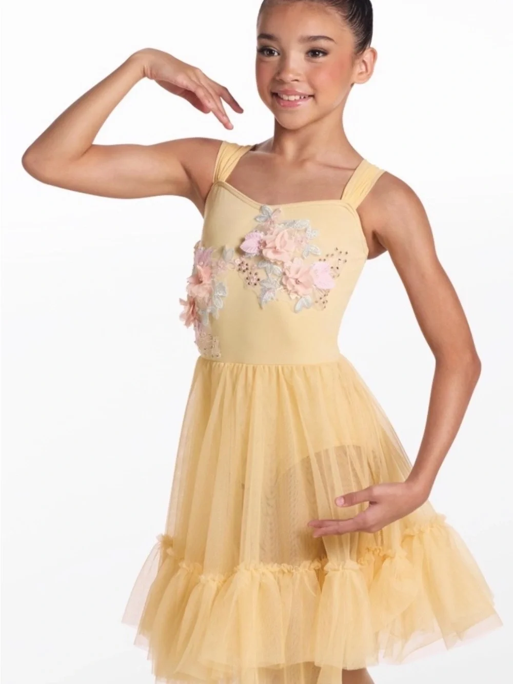 Weissman Yellow Floral Appliqué Tulle Dance Costume